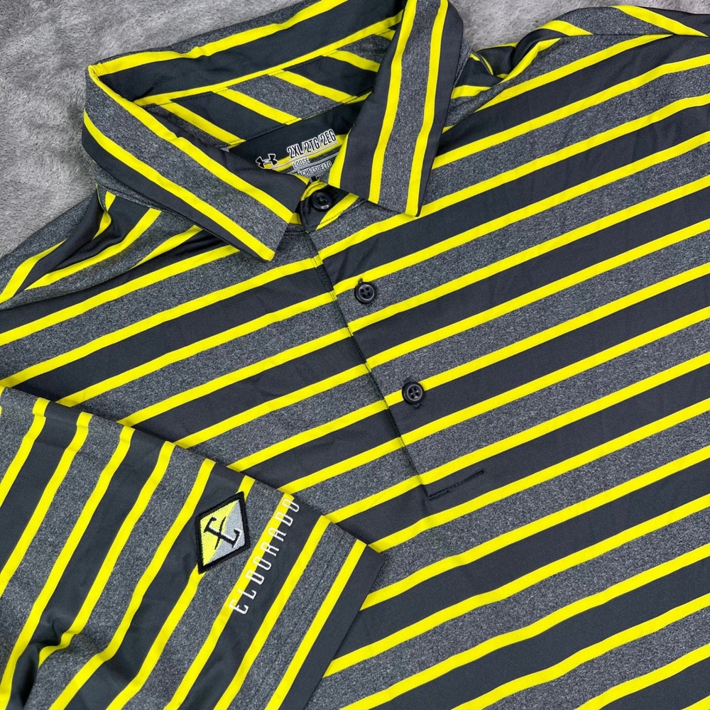 Under Armour Eldorado Golf Polo Shirt Mens 2XL Grey Yellow Striped HeatGear